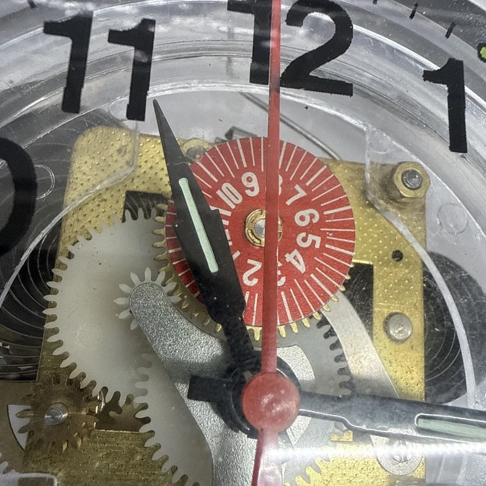 Vintage Wind Up Skeleton Alarm Clock Clear Acrylic Case Twin Bell Mechanical HTF